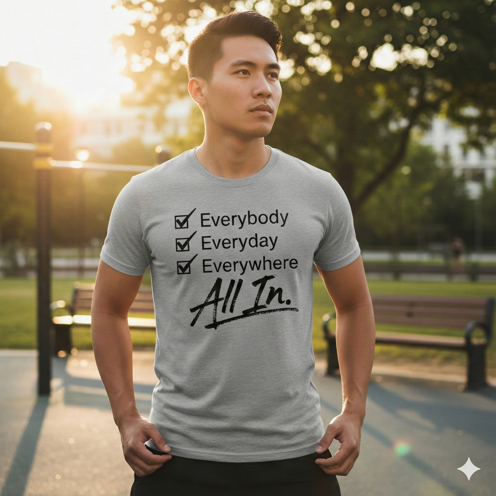 Every gray t-shirt in an outdoor setting